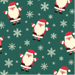 Christmas seamless pattern with cute Santa Claus and snowflakes on a green background. Vector design template. Happy New Year pattern. Season greeting.