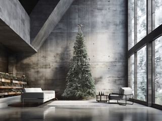Huge living room interior, Christmas time. Minimalist space with concrete walls. Winter outside....