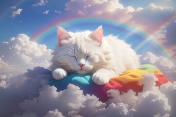  sleeping white cute cat above the clouds rainbow 
