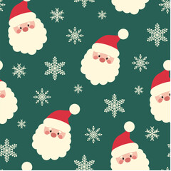 Christmas seamless pattern with cute Santa Claus and snowflakes on a green background. Vector design template. Happy New Year pattern. Season greeting.