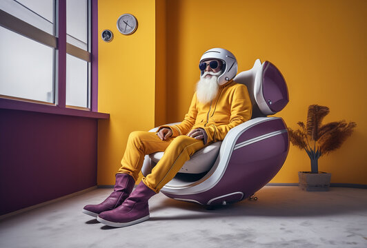 A man with a beard and a helmet on his head sitting on a futuristic chair. Looking towards the window. Minimal yellow interior. Santa Claus. vision of the future, Purple elements. Generative Ai