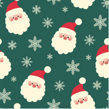 Christmas seamless pattern with cute Santa Claus and snowflakes on a green background. Vector design template. Happy New Year pattern. Season greeting.