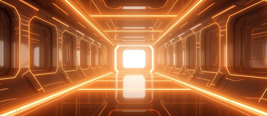 Futuristic Sci Fi illustration Neon lit spaceship corridor in for advertising and showcasing modern technology in a metaverse - obrazy, fototapety, plakaty