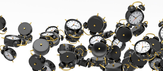 Many of flying alarm clocks on white background. 3d render of wake up time - obrazy, fototapety, plakaty