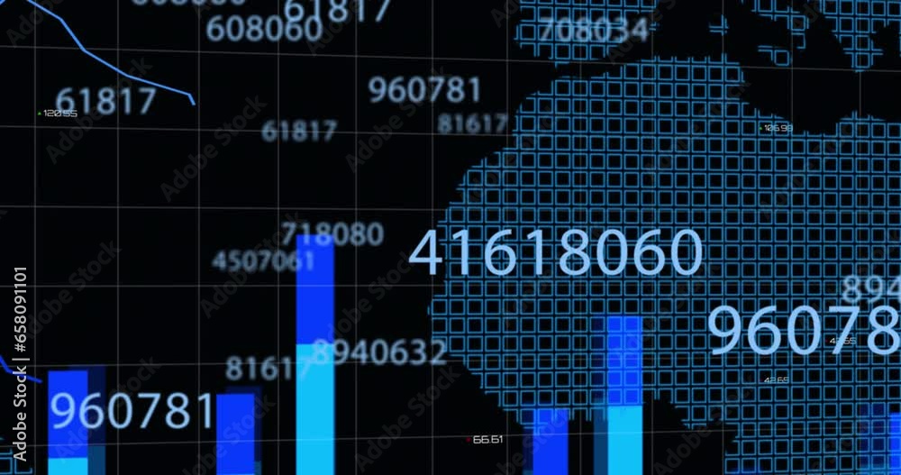 Poster animation of changing numbers, graphs, map on grid pattern over black background