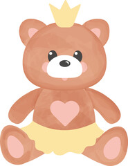 Watercolor style hand drawn girl teddy bear vector illustration. Plush toy picture. Romantic gift. Teddy bear for logo, design and greeting card isolated on transparent background.