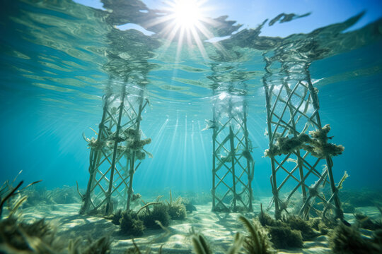 An underwater shot of 3D printed structures aiding the regrowth of seagrass capturing hope for marine restoration 