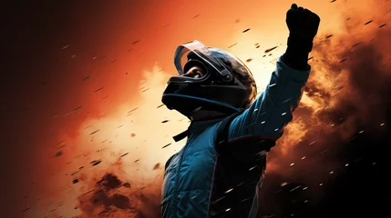 Poster side view portrait of F1 driver of sport car in helmet raising up hands celebrating win with confetti. Generative AI illustration. Concept of competition, speed, extreme, auto sport, Gran prix. © Lustre