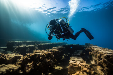 A diver deploying a 3D printed structure designed to support seaweed cultivation on the ocean floor  - obrazy, fototapety, plakaty