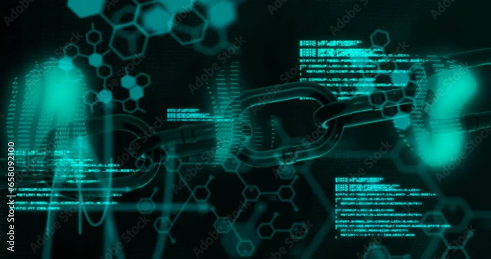 Poster animation of blockchain, molecule structures and computer language over black background
