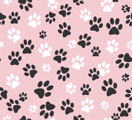 Seamless pattern of cute paws on pink background, vector design for fashion, fabric, wallpaper, cover, background designs