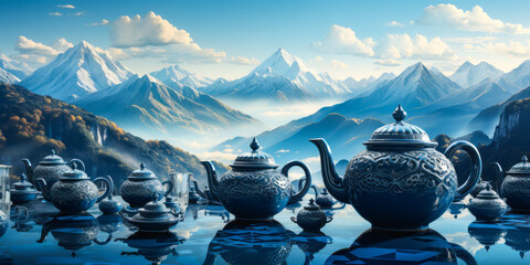 Breathtaking digital creation of mountains made from stacked teapots, showcasing surreal repetition and fantastic light play. - obrazy, fototapety, plakaty