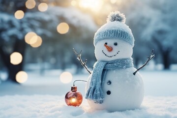 Cheerful snowman in winter garden photo background.