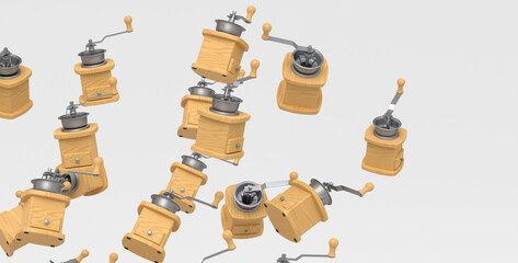 Many of flying manual wooden coffee grinder on white background.