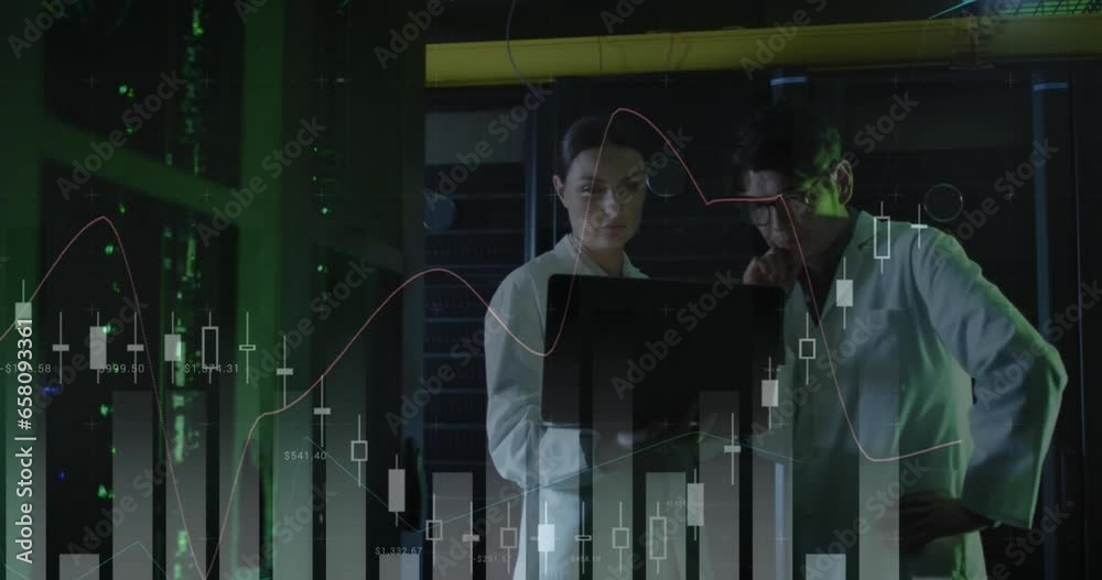 Poster animation of multiple graphs over diverse engineers discussing on laptop in server room