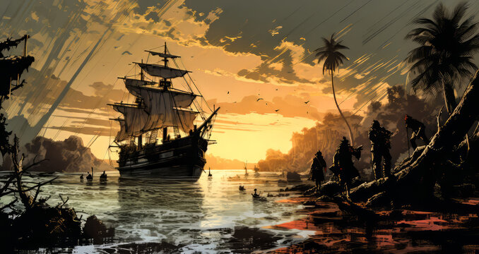 Pirate Adventure Scene Graphic Novel Style.  Generated Image.  A digital illustration of a pirate adventure scene in a graphic novel, comic book style.