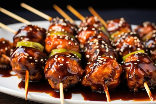 close-up image of skewers with meatballs covered in bbq sauce