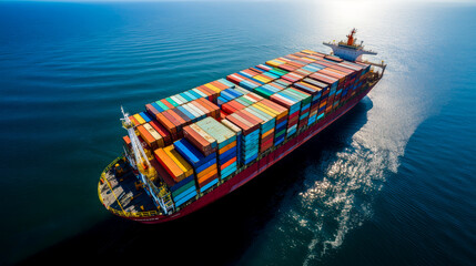 Container ship carrying container boxes for import, export, and international trading - worldwide transportation over sea concept - obrazy, fototapety, plakaty