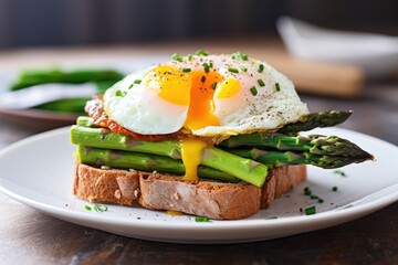 a breakfast sandwich with a poached egg and asparagus