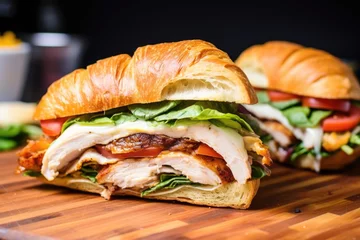 Zelfklevend Fotobehang close-up shot of a croissant sandwich with grilled chicken © altitudevisual