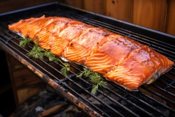 golden brown salmon resting on a cedar plank within a grill frame