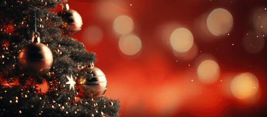 Close-up of a Christmas tree against a red backdrop