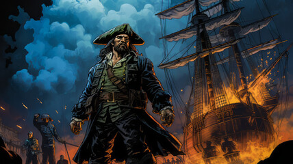 Fototapeta premium Pirate Adventure Scene Graphic Novel Style. Generated Image. A digital illustration of a pirate adventure scene in a graphic novel, comic book style.