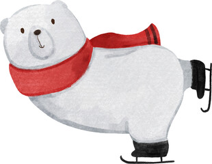 Polar bear with winter costume is playing ice skate . Christmas concept . Watercolor paint cartoon characters . PNG . © stockdevil