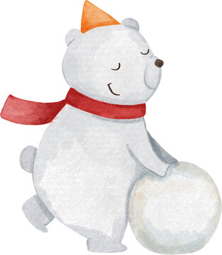 Polar bear with winter costume is rolling a snow ball . Christmas celebration concept . Watercolor paint cartoon characters . PNG .