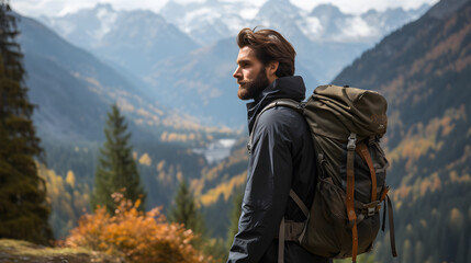 Naklejka premium Young Man Hiking in the Mountains