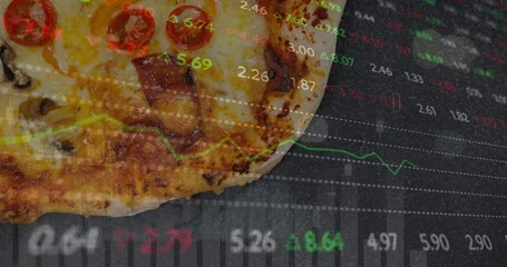 Animation of graphs and multicolored trading board over pizza against black background - Powered by Adobe