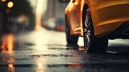 car driving on wet side of road with raindrops and traffic lights, in the style of dark gray and...