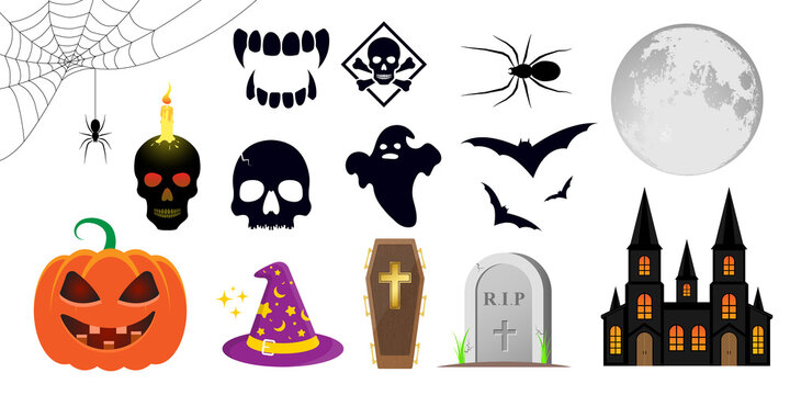Collection of halloween silhouettes icon and character Full moon spider skull pumpkin hat grave castle cofin teeth spider web illustration