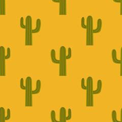Vector western seamless pattern. Green cacti on yellow background. Wild west pattern with cactus. Desert plant.