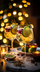 Fototapeta na wymiar Winter luxe vegetable-infused cocktails aesthetic. Warming citrus drinks with berries for Christmas party. Cozy mocktails mood interior with glowing lights and bokeh