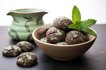 mint-chocolate cookies arranged in a ceramic bowl on a stool