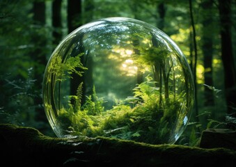 Una esfera transparente en un bosque - obrazy, fototapety, plakaty