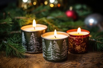 Obraz na płótnie Canvas homemade tin can candles with pine motifs