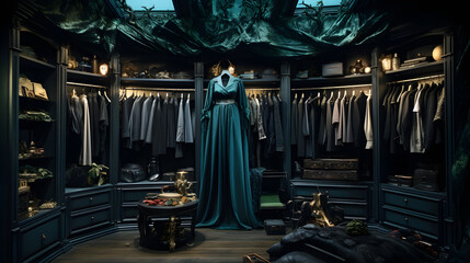 Naklejka premium Explore a fashionable modern witch's closet filled with stylish, mystical attire. It's a glimpse into the awesome fusion of magic and style.
