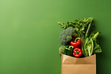 Shopping bag full of fresh organic vegetables on green background. Healthy food concept - obrazy, fototapety, plakaty