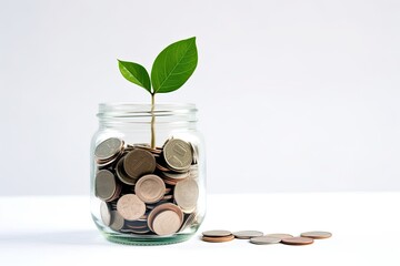 Plant growing out of coins in glass jar on white background. Saving money concept
