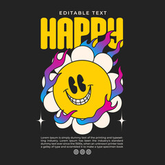 streetwear smile of daisy flower groovy character 90s design illustration