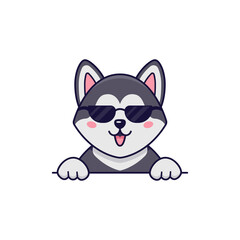Vector flat illustration of cute smiling husky dog with sunglasses in cartoon style