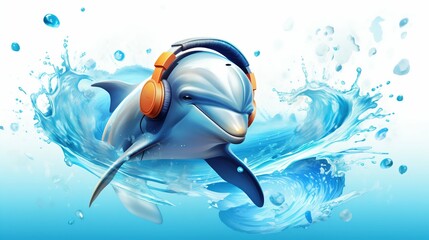 Dolphin with Headphones and Water Splashes on Blue Ocean Background. Generative ai