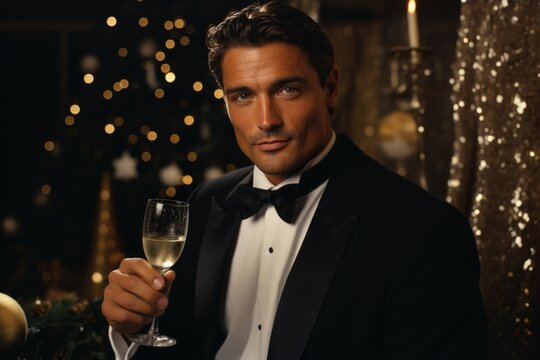 A dapper man in a New Year's attire, toasting with a glass