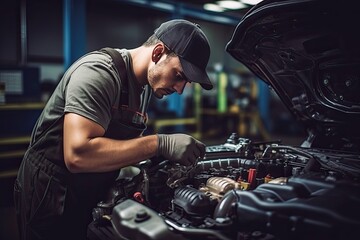 Car mechanic working in auto repair shop. Handsome young man in uniform working with car engine - obrazy, fototapety, plakaty