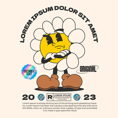 cool vintage streetwear daisy flower groovy character 90s design illustration