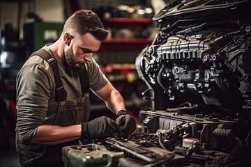 Car mechanic working in auto repair shop. Handsome young man in uniform working with car engine