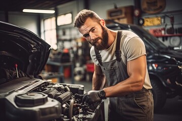 Car mechanic working in auto repair shop. Handsome young man in uniform working with car engine