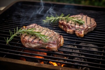 lamb shoulder chop on a grill, brushed with garlic and rosemary blend